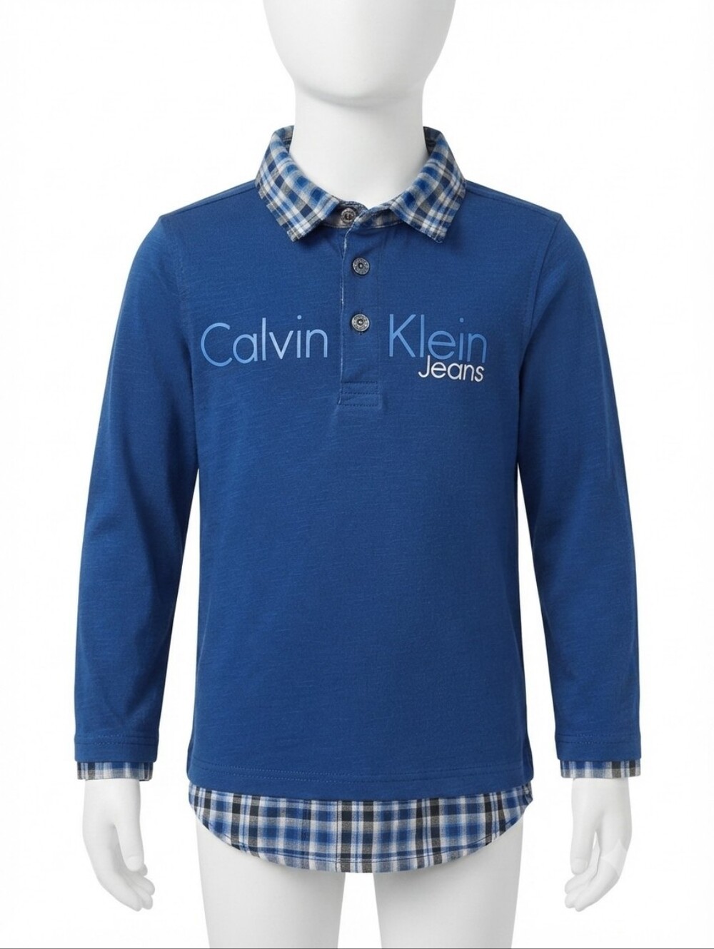 Calvin Klein Jeans Boys Blue Plaid Layered Long Sleeve Polo Shirt Size 6